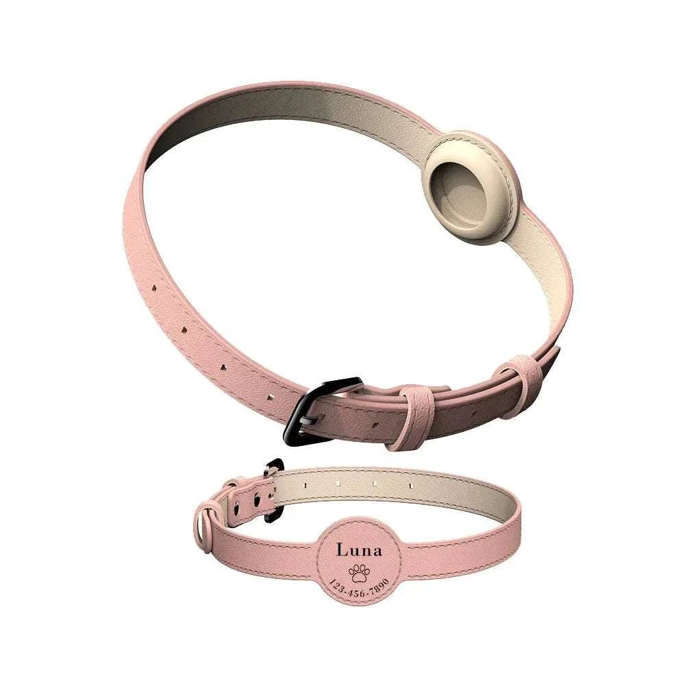 Personalised leather pet collar for AirTag location tracker, adjustable for cats and dogs.