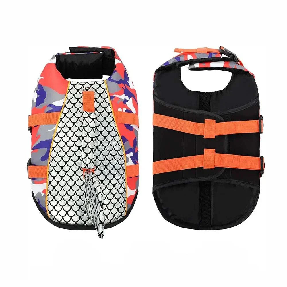 Shark dog life jacket swim vest with buoyant polyester and nylon, shark fin design, adjustable straps, reflective strips, and durable handle in camouflage colors
