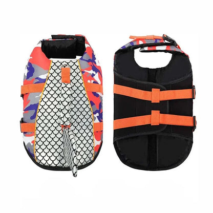 Shark dog life jacket swim vest with buoyant polyester and nylon, shark fin design, adjustable straps, reflective strips, and durable handle in camouflage colors