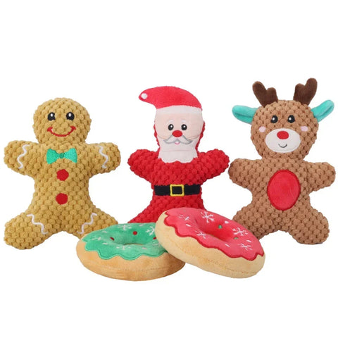 Xmas Pet Dog Plush Chew Toy Santa Elk Gingerbread Man Donut