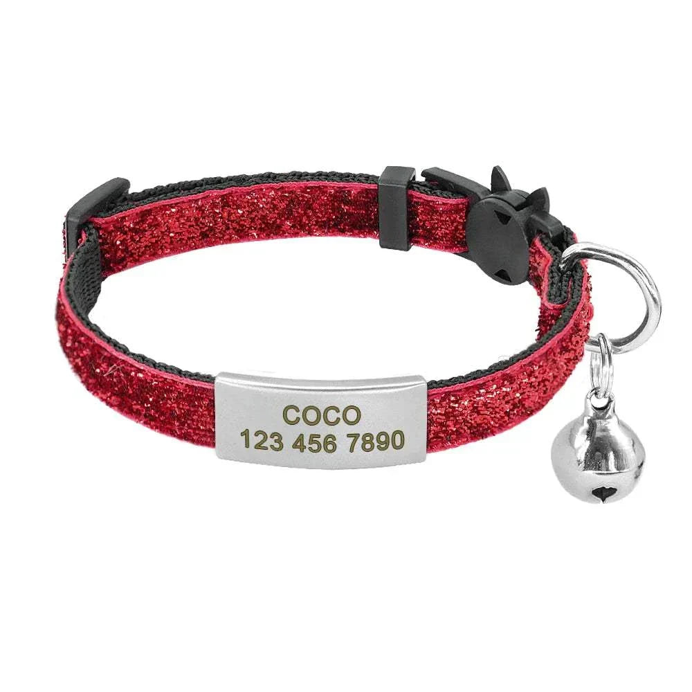 Red personalised 1cm width cat collar with safety bell and breakaway design.