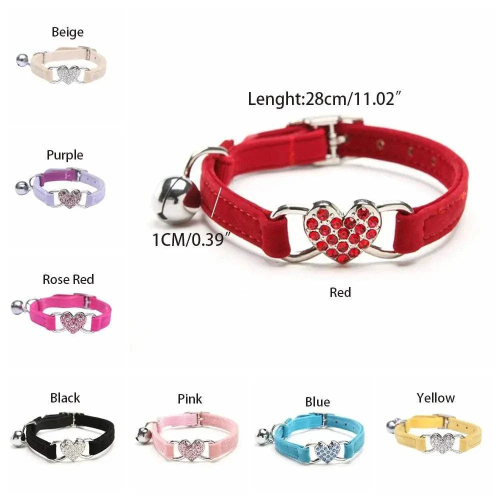 Pretty Kitty's safety diamond heart bell adjustable cat collar in various colors including red, purple, and beige.