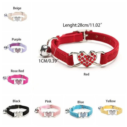 Pretty Kitty's safety diamond heart bell adjustable cat collar in various colors including red, purple, and beige.