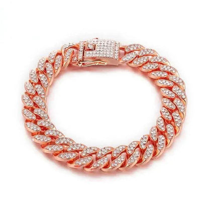 Luxury dog collar embellished with sparkling rhinestones in rose gold.