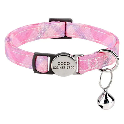 Personalised adjustable cat collar with customisable ID nameplate and bell.