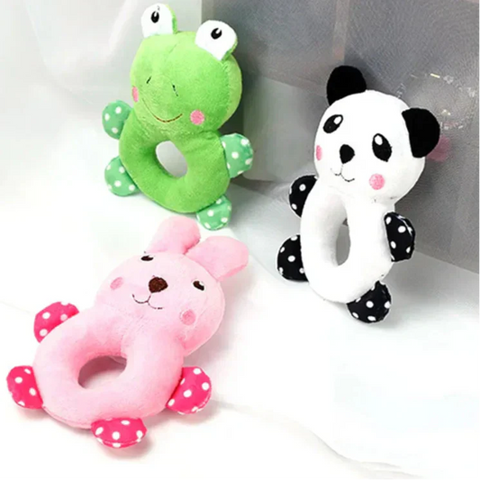Plush chew toys for small dogs and puppies, featuring cartoon panda, frog, and rabbit designs.