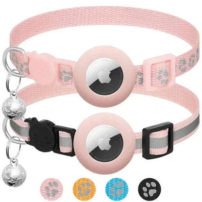 Adjustable breakaway cat collar with Airtag holder and bell in pink with paw prints and reflective strip