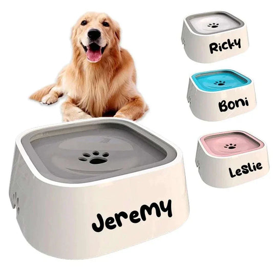Personalised dog drinking water bowl with no-spill floating design, 1.5L capacity, pet-friendly and easy to clean.