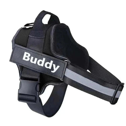 No-pull reflective dog harness with adjustable straps and customizable ID patch.