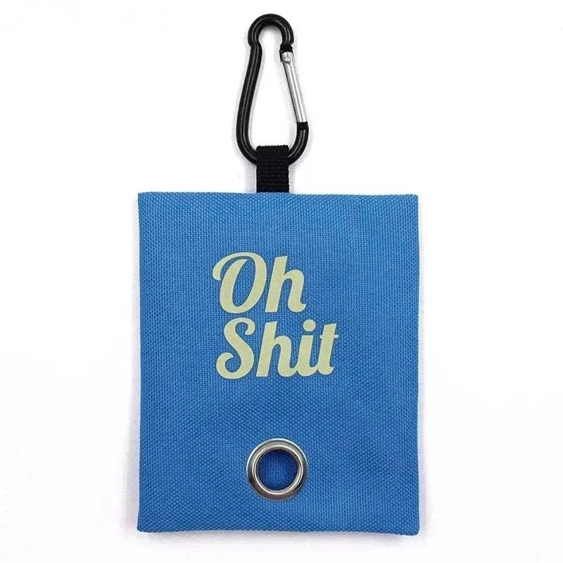 Blue canvas "Oh Sh!t" poop bag dispenser for dogs with carabiner attachment.