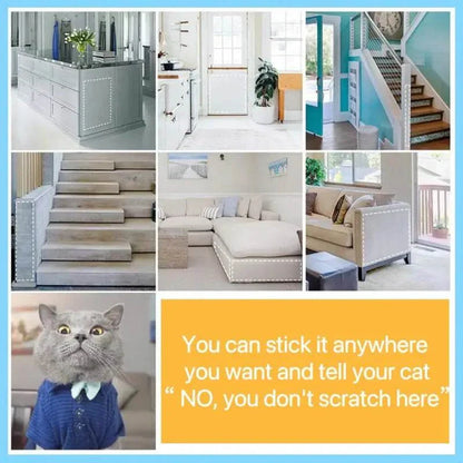 Cat scratch deterrent transparent tape on diverse home furniture and surfaces, protecting against cat scratches.