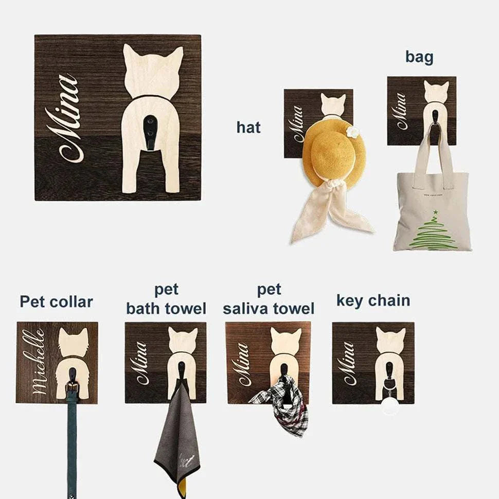Personalised wooden dog leash wall hook with custom name engraving and metal hooks for pet gear organization