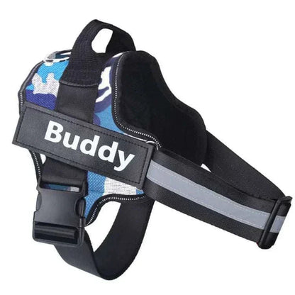 No-pull reflective dog harness with adjustable straps and personalized ID patch for enhanced safety and style.