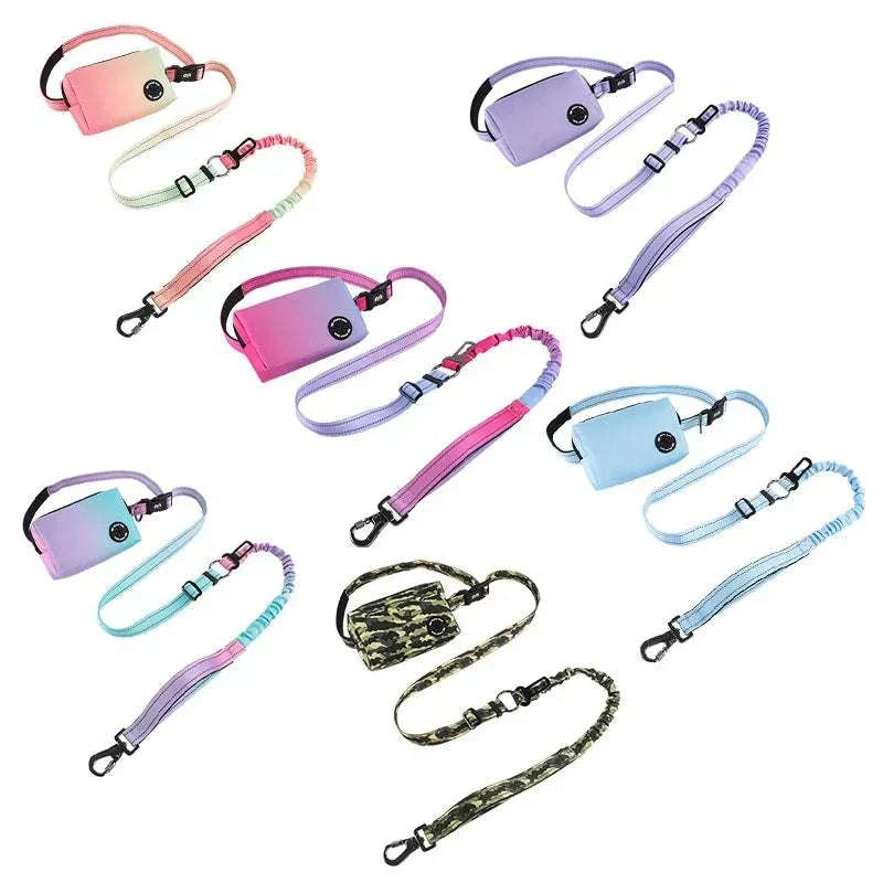 Reflective dog bungee leashes with waist bag and poop dispenser in multiple colors for hands-free walking and running
