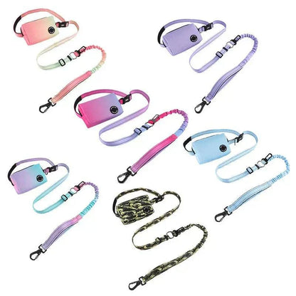 Reflective dog bungee leashes with waist bag and poop dispenser in multiple colors for hands-free walking and running