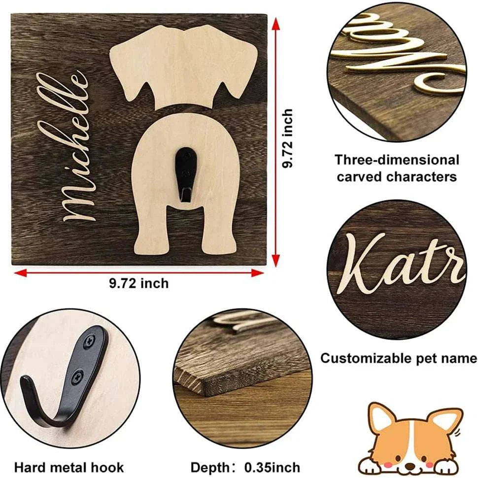 Personalised wooden dog leash wall mounted hook with custom name engraving and metal hook