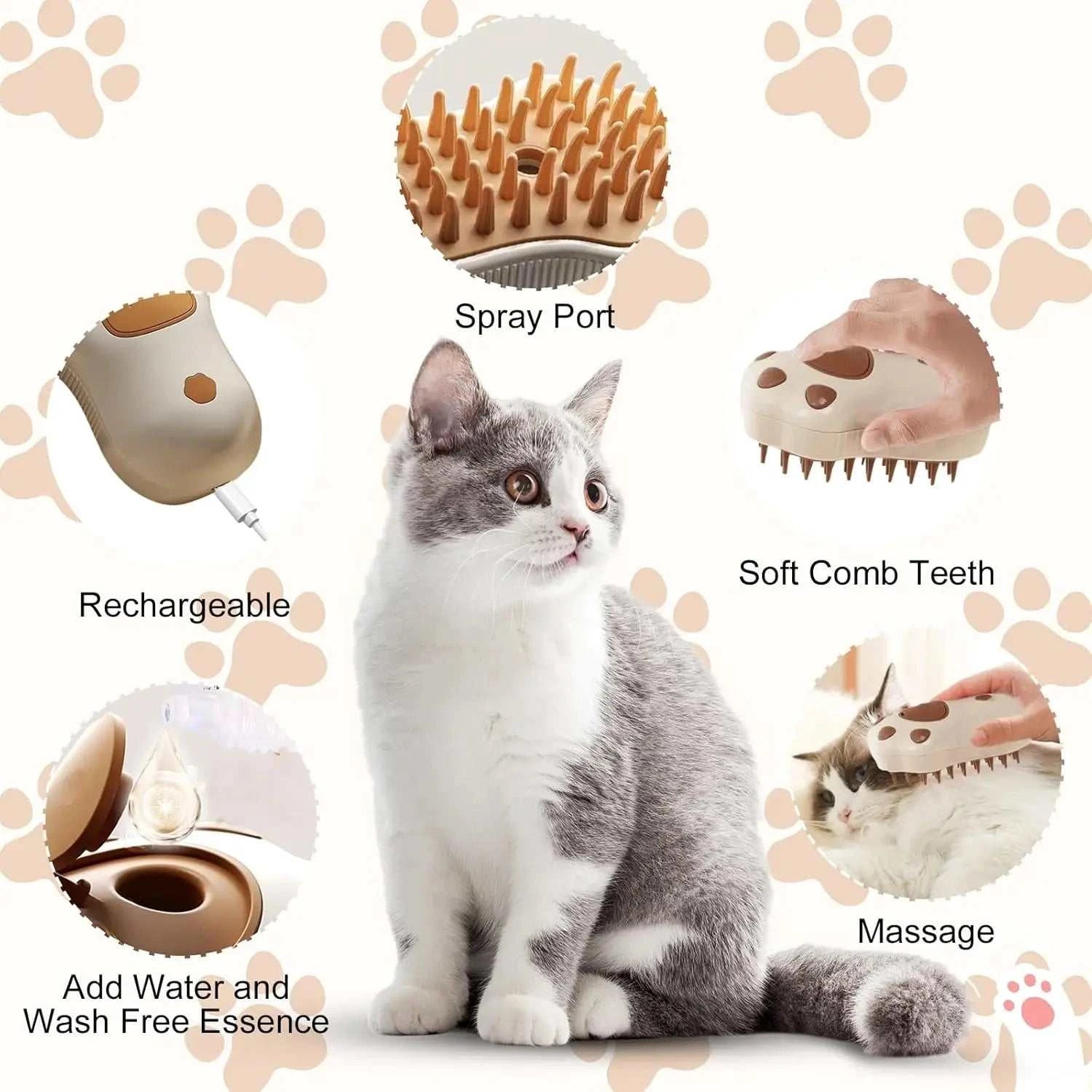 3in1 Cute Pet Paw Steam Brush for grooming cats and dogs with spray port, soft comb teeth, and massage feature.