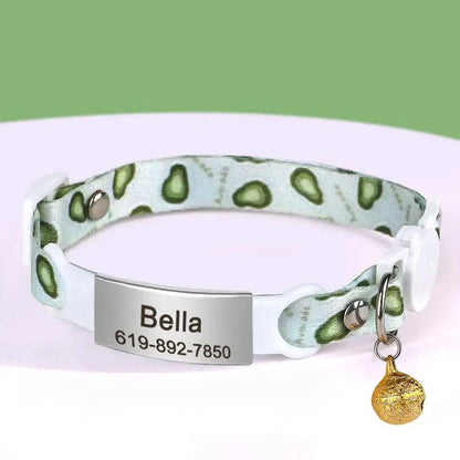 Personalised 1cm width cat collar with safety bell and avocado pattern.