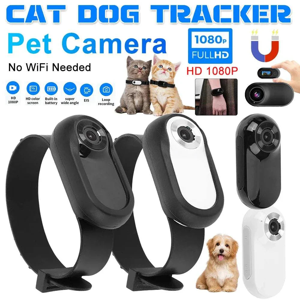 HD 1080P wireless dog and cat collar camera with no WiFi needed, featuring adjustable silicone collar and HD video quality.