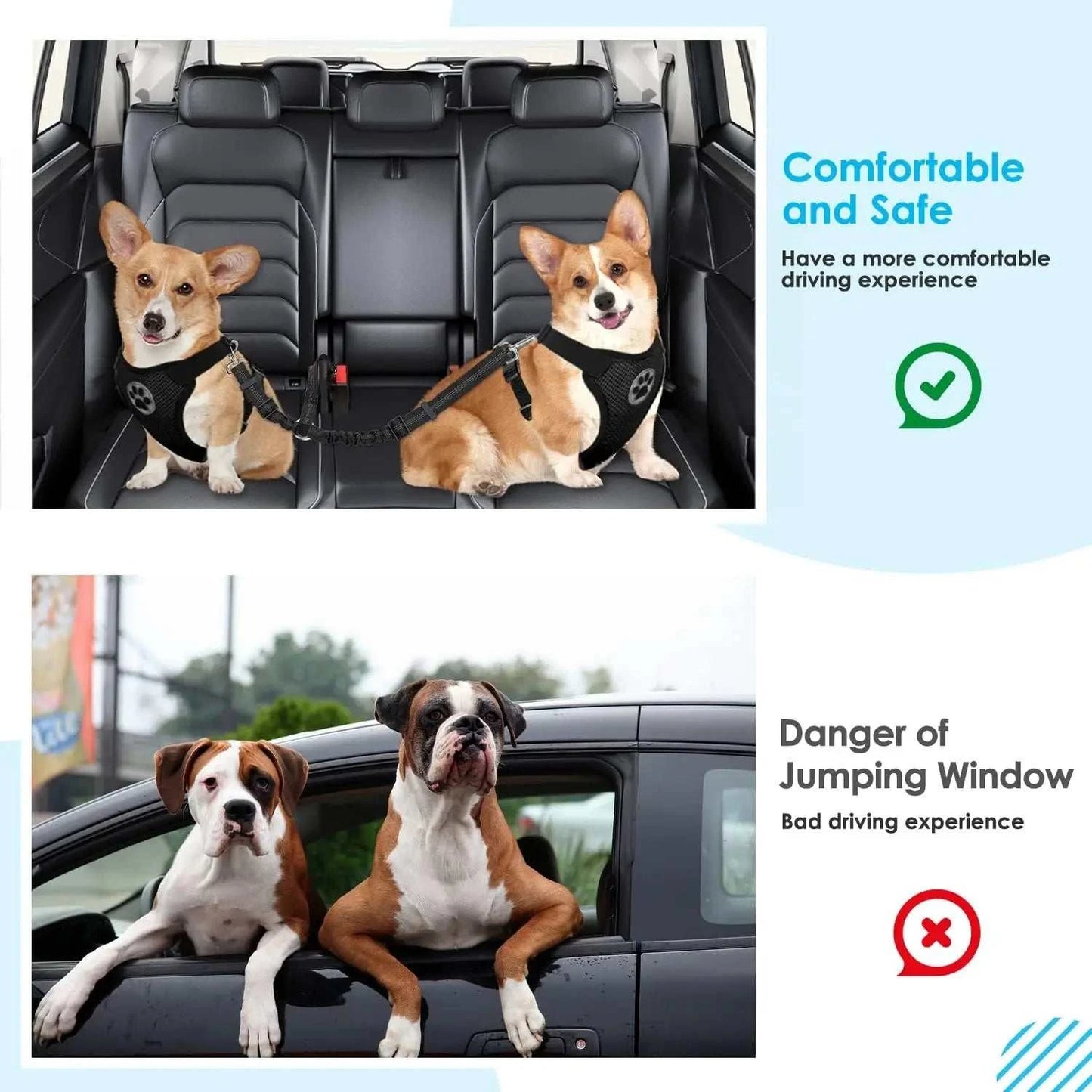 Double Dog Seatbelt Adjustable Vehicle Safety Leash with Elastic Bungee Buffer, Reflective No Tangle Y Shape