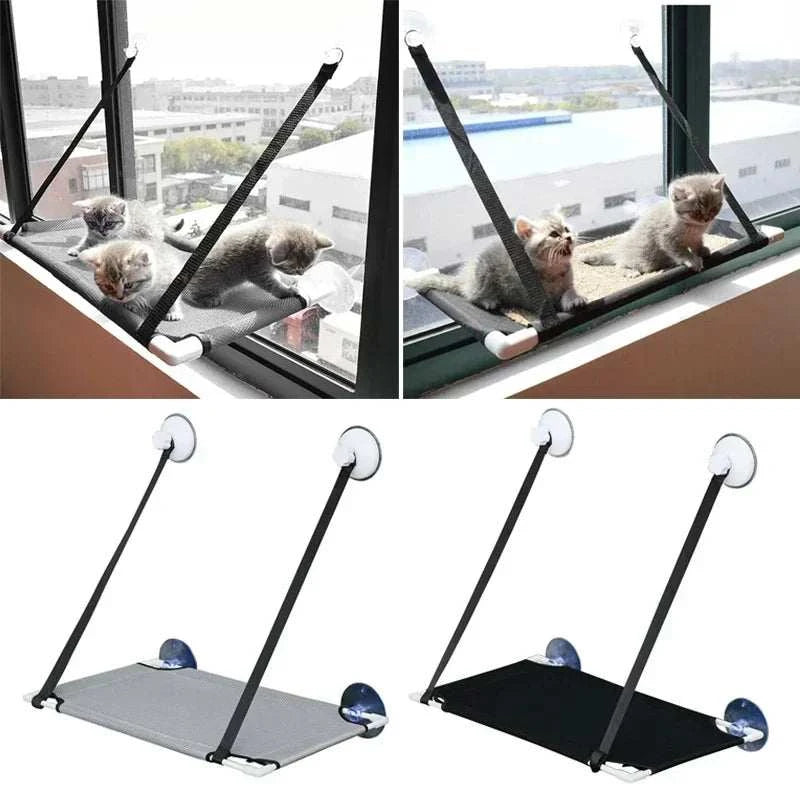 Cat mesh window hammock with kittens, secure screw-release suction cups, gray and black color options.