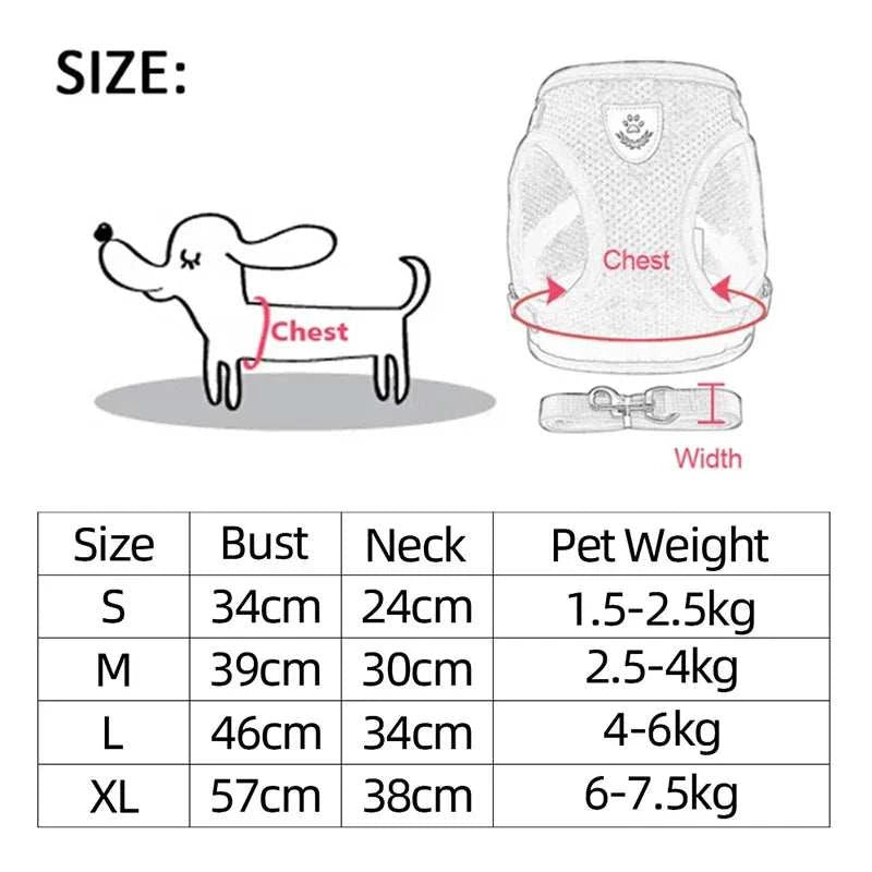 Size guide for adjustable harness for cat or small dog, showing measurements for bust, neck, and pet weight.