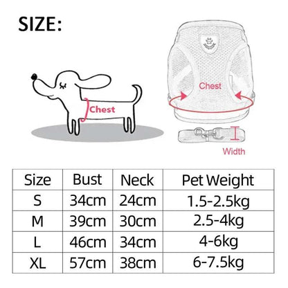 Size guide for adjustable harness for cat or small dog, showing measurements for bust, neck, and pet weight.