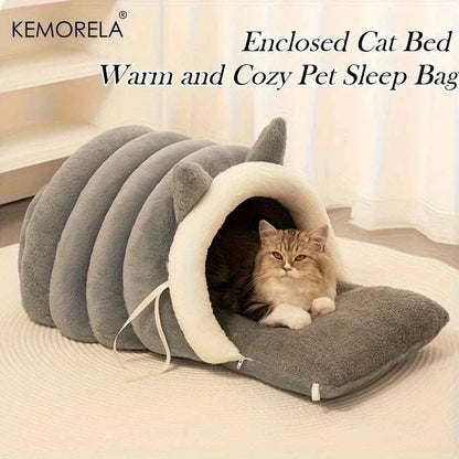 KEMORELA cat igloo bed with plush cat-ear design for cozy feline comfort