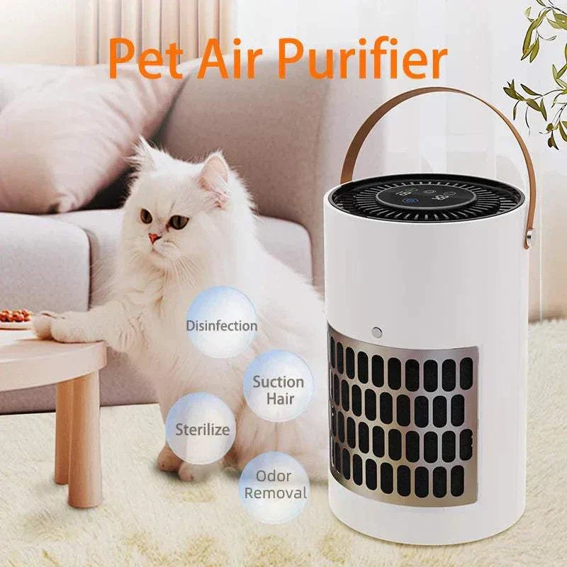 Pet air purifier with HEPA filter for removing pet hair and odors in bedroom.