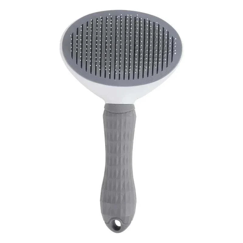 Self cleaning pet grooming tool with grey handle, stainless steel design for cats and dogs.
