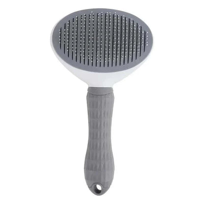 Self cleaning pet grooming tool with grey handle, stainless steel design for cats and dogs.