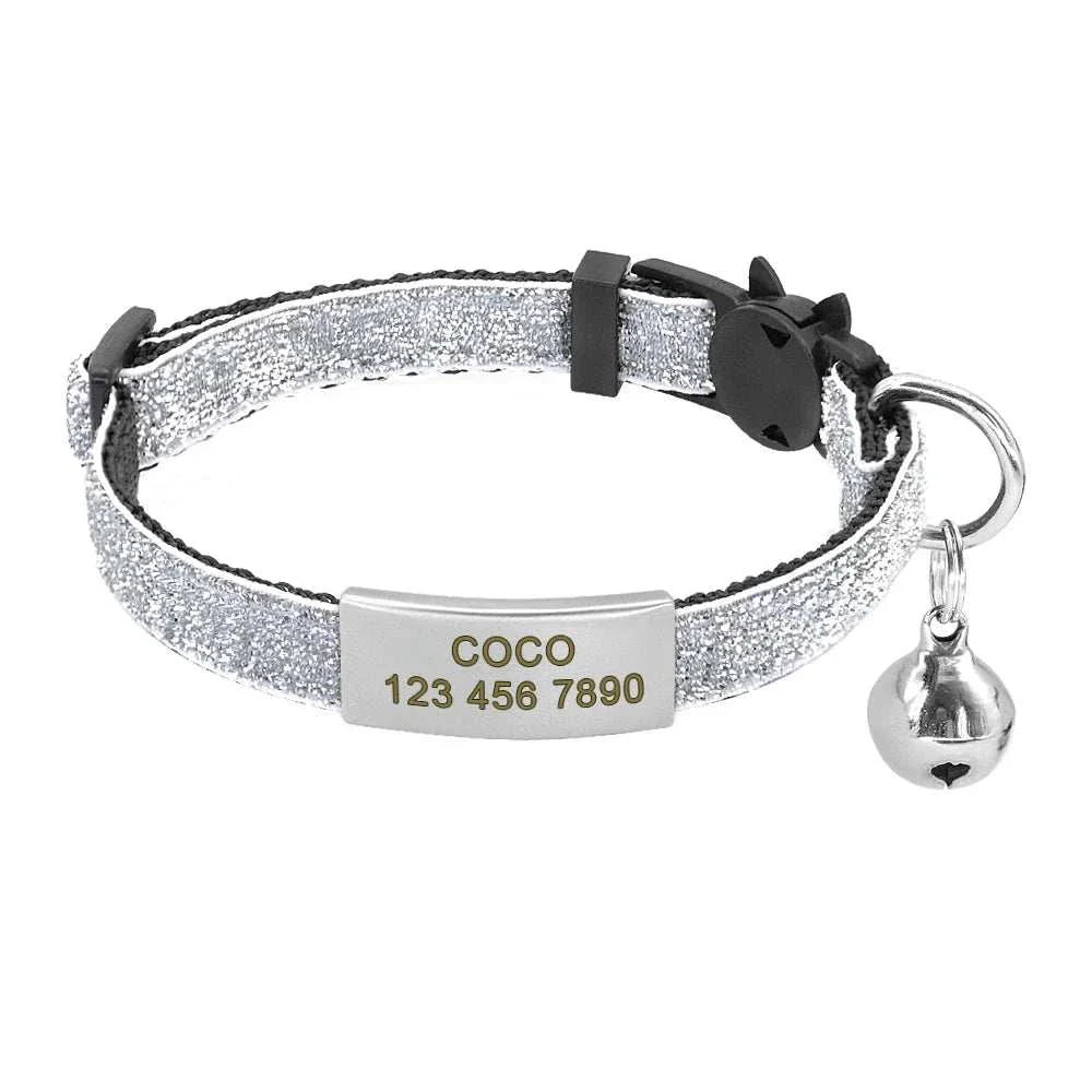 Personalised 1cm width cat collar with bell, breakaway safety feature, and engraved name tag.