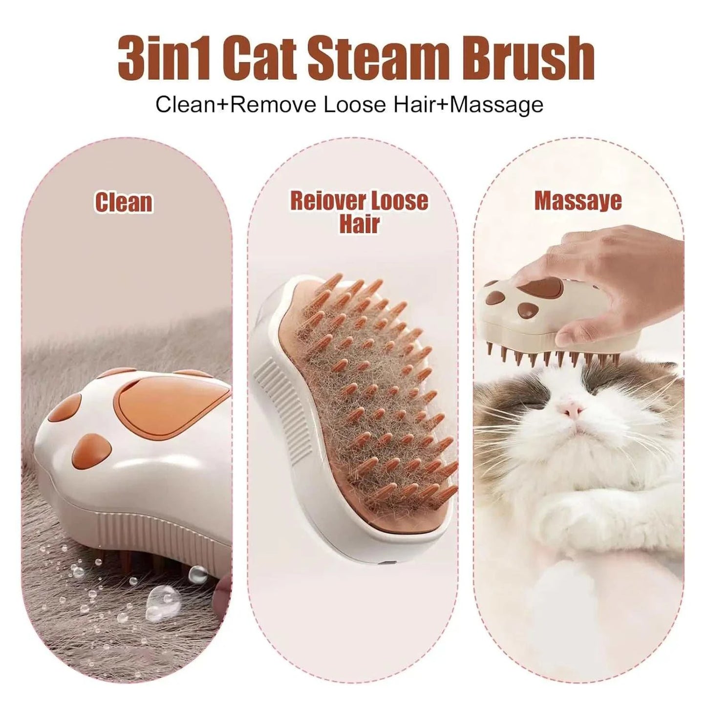 3in1 Cute Pet Paw Steam Brush for grooming cats and dogs with silicone teeth, massage features, and self-cleaning spray.