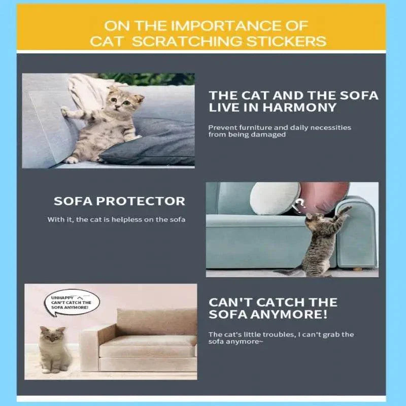 Cat scratch deterrent infographic highlighting furniture protection and harmony between cats and sofas.