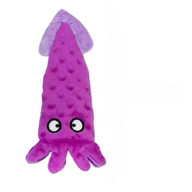 Purple crinkle plush no stuffing dog toy with squeaky features.