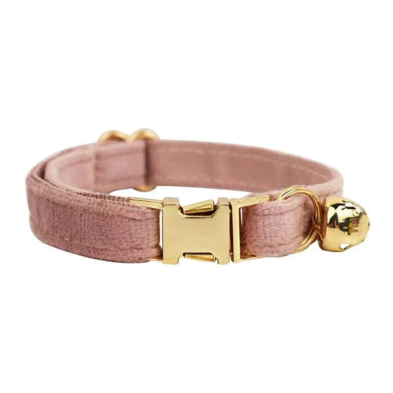Luxury velvet cat collar in soft pink with gold buckle and bell, adjustable and personalized option available