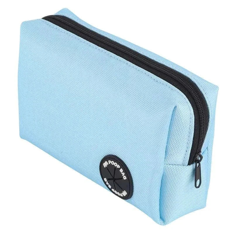 Light blue zipper pouch bag for reflective dog bungee leash and poop dispenser accessory