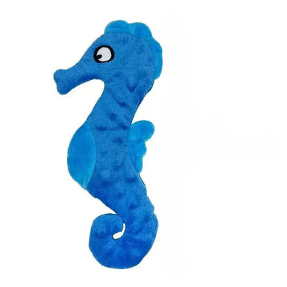 Blue seahorse-shaped no stuffing fun squeaky crinkle plush dog toy.