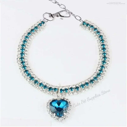 Pretty Kitty's heart pendant diamante collar necklace for pets, featuring blue zircon and silver plating.