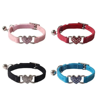 Pretty Kitty's diamond heart bell adjustable cat collars in pink, red, black, and blue.