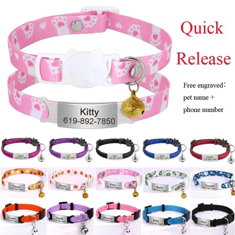Personalised 1cm width cat collar with breakaway bell, engraved with pet name and optional phone number.