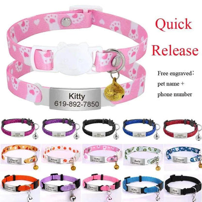 Personalised 1cm width cat collar with breakaway bell, engraved with pet name and optional phone number.
