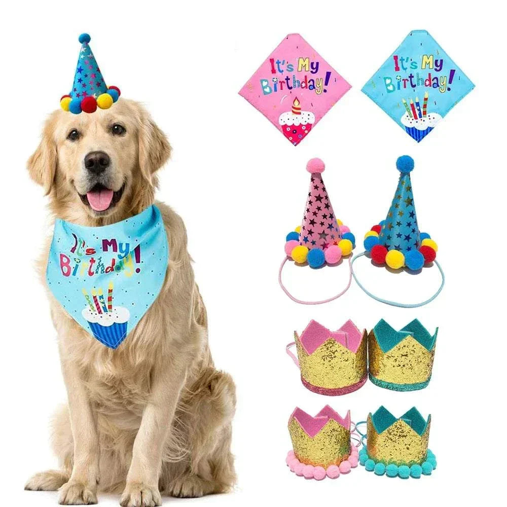 Dog birthday costume set with colorful hats and bandannas for pets.