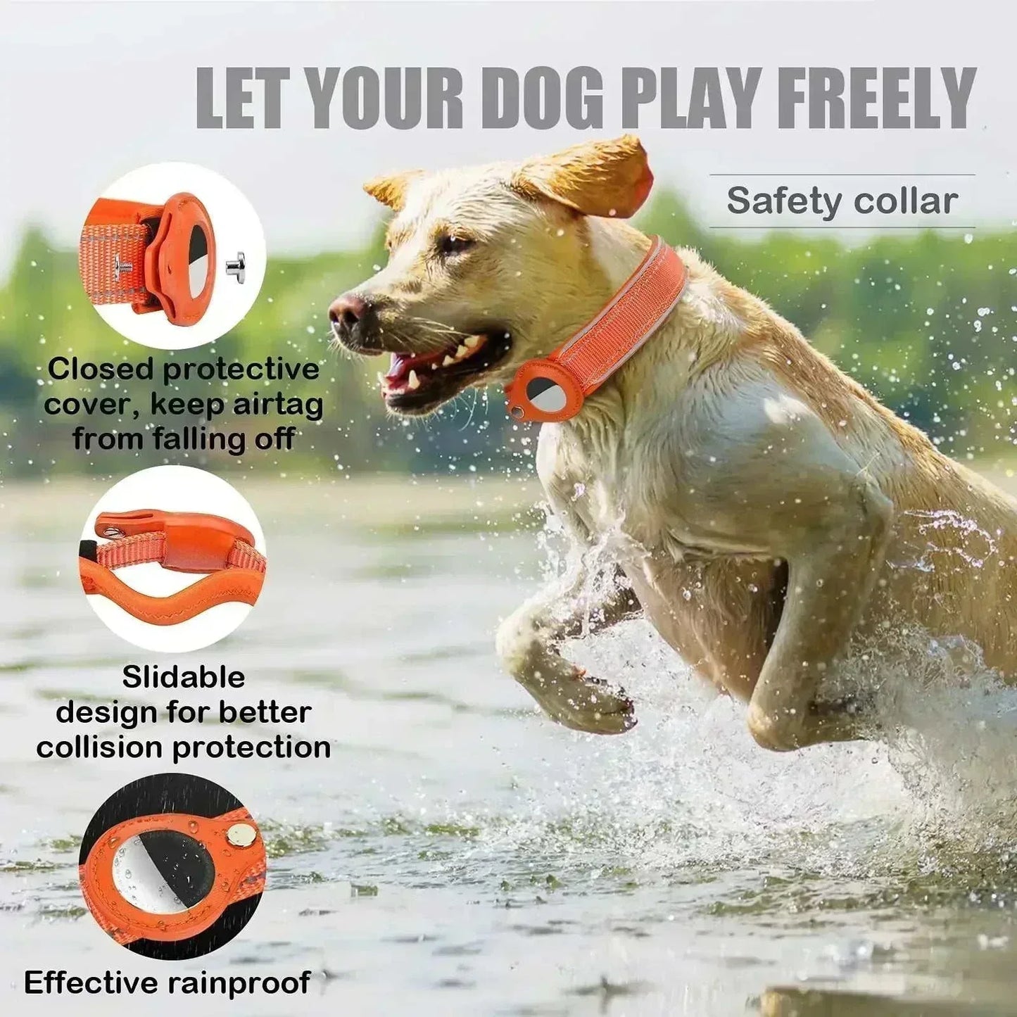 Air-Tag Reflective Collar for dogs with secure Apple AirTag holder and waterproof reflective strip