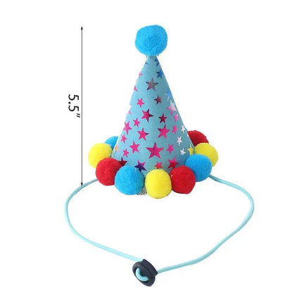 Pet birthday hat with colorful pom-poms for dogs and cats.
