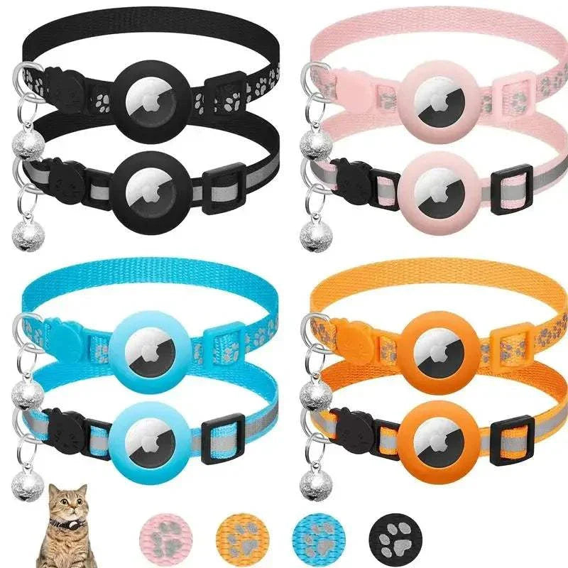 Set of adjustable breakaway cat collars with bell and built-in Airtag holder in black, pink, blue, and orange colors