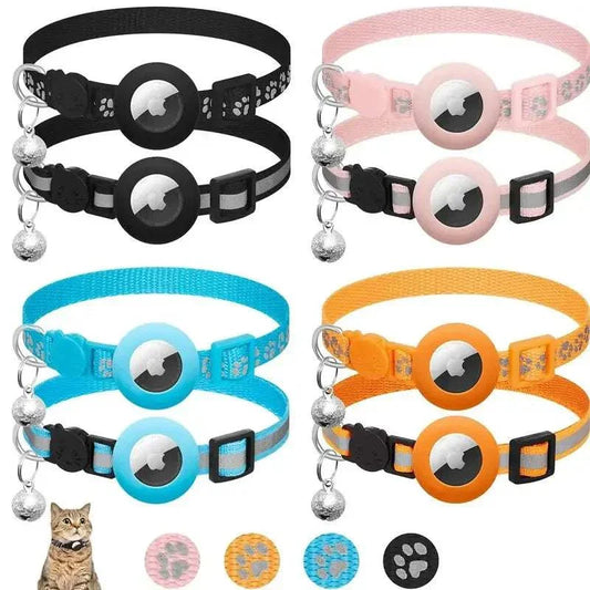 Set of adjustable breakaway cat collars with bell and built-in Airtag holder in black, pink, blue, and orange colors