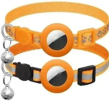 Adjustable orange breakaway cat collar with bell and Airtag holder for cat safety and visibility