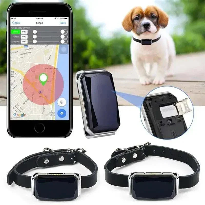 Pet GPS Locator Mini Waterproof GPS Dog Cat collar with Smart Fence feature displayed on smartphone and collars.