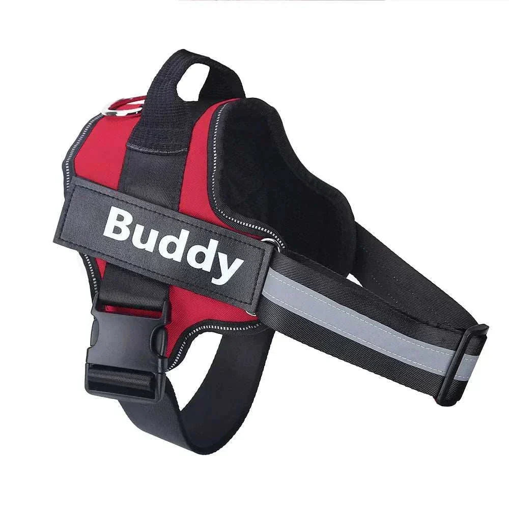 Personalised no-pull reflective dog harness with ID patch and adjustable straps for safety and comfort.